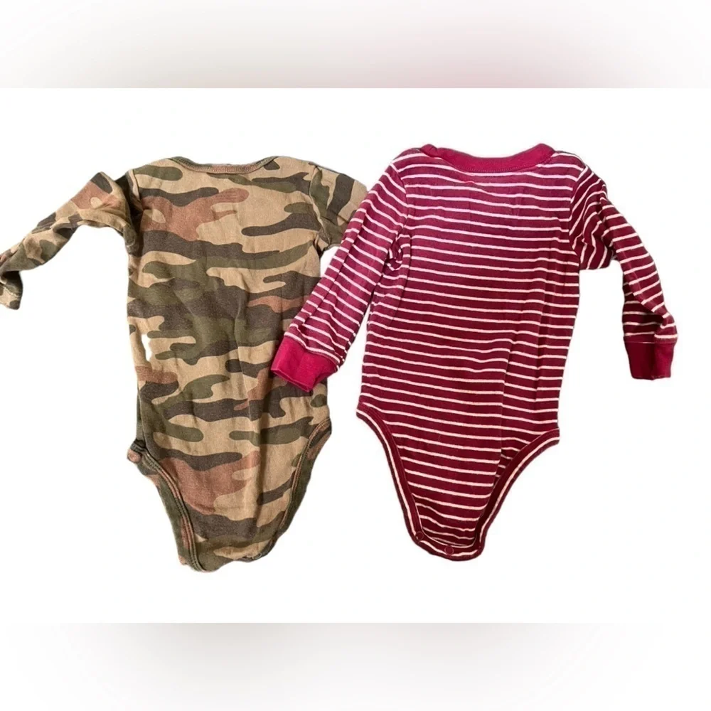 2 Carters longsleeve baby onesies camo “Little Hunk” striped red & white raccoon